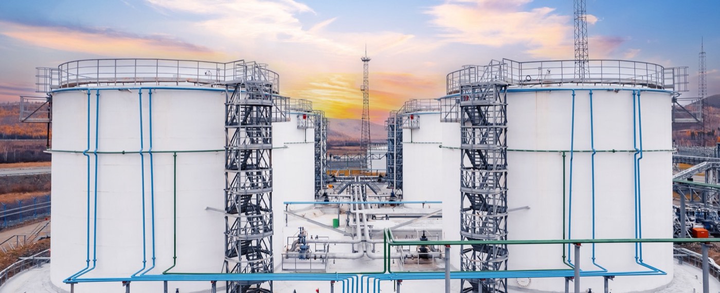 Fuel storage tank farm at dusk